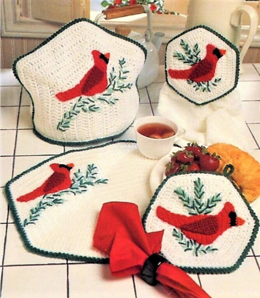 Vintage Crochet Pattern Christmas Cardinal Kitchen Set 4 Pc PDF Instant Digital Download Tea Cosy Place Mat Pot Holder Towel Topper 10 Ply