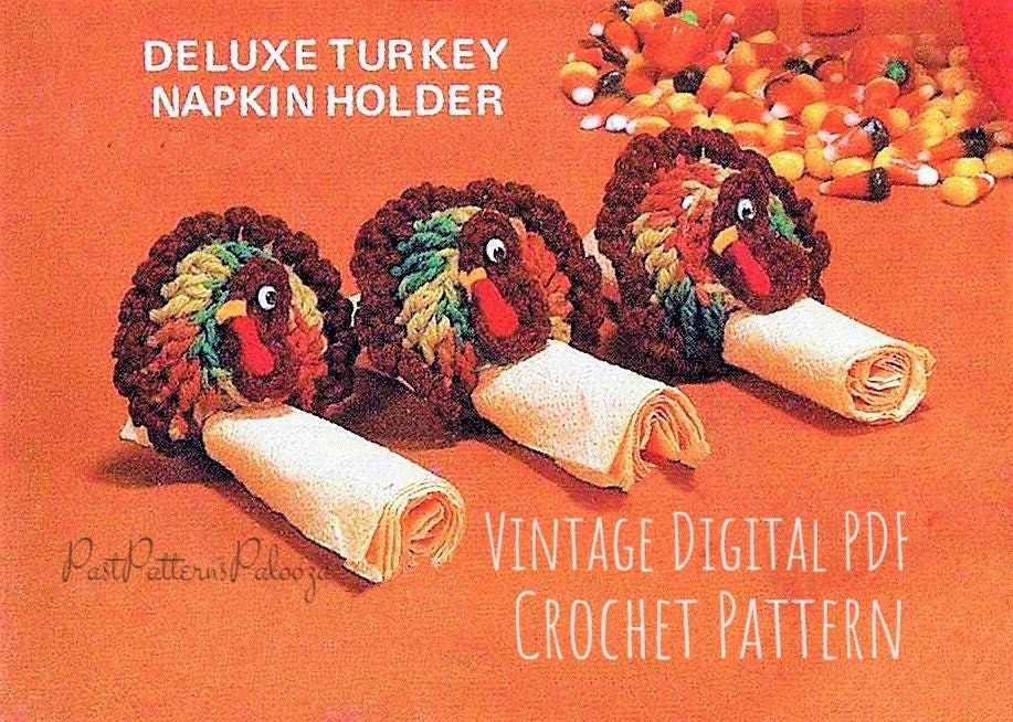 Vintage Crochet Pattern Thanksgiving Tom Turkey Napkin Ring Holders PDF Instant Digital Download Amigurumi Holiday Table Setting 4 Ply