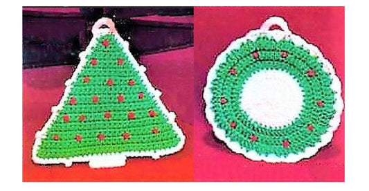 Vintage Crochet Pattern Christmas Tree and Wreath Pot Holder Set PDF Instant Digital Download Festive Holiday Potholders Quick Easy 4 Ply