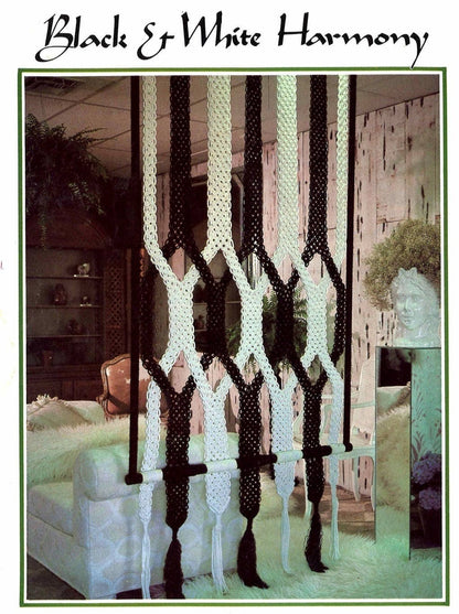 Vintage Macrame Pattern Room Divider Wall Hanging Retro Mod Black & White Harmony Door Curtain Boho Chic 1970s PDF Instant Digital Download