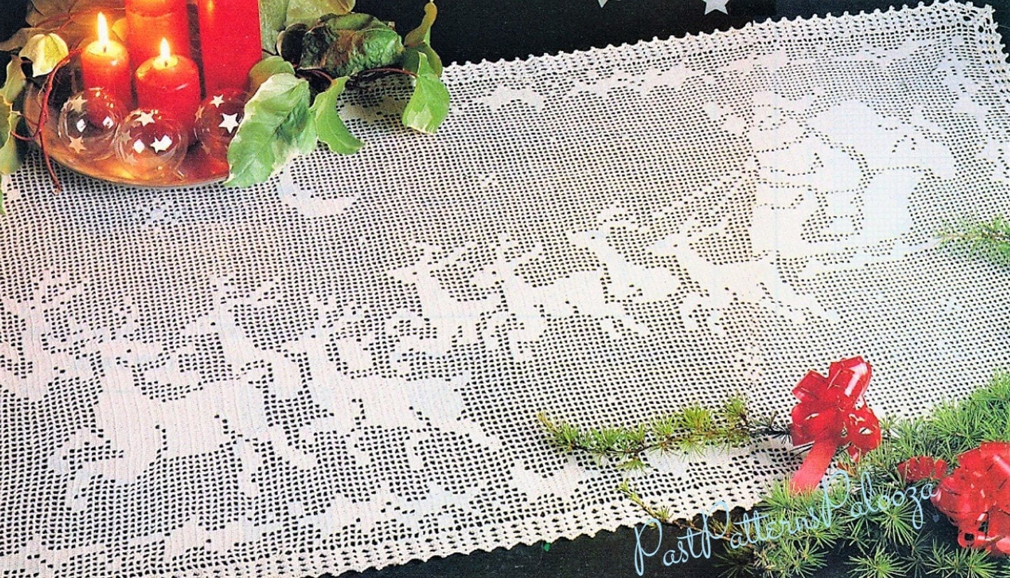 Vintage Filet Crochet Pattern Night Before Christmas Table Runner Centerpiece PDF Instant Digital Download Santa Sleigh Reindeer Design
