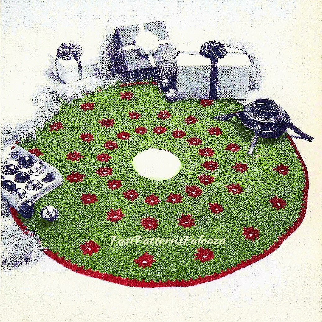 Vintage Crochet Pattern 44" Poinsettia Granny Square Christmas Tree Skirt PDF Instant Digital Download Retro Design 10 Ply