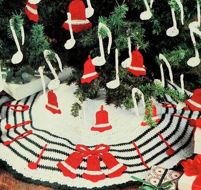 Vintage Crochet Pattern Musical Notes Christmas Tree Skirt & Ornaments Set PDF Instant Digital Download Bells Music Notes Appliques 10 Ply