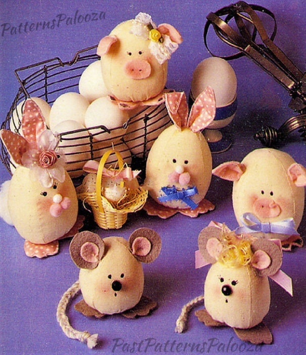 Vintage Sewing Pattern Fabric Animal Easter Eggs Soft Sculpture Toys Chicken Bunny Duck Cow Pig Mouse Eggies PDF Instant Digital Download