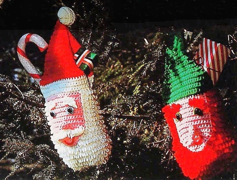 Vintage Crochet Pattern 14" Loopy Santa and Elf Faces Christmas Stockings and Tote Bags PDF Instant Digital Download 10 Ply