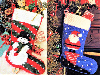 Vintage Crochet Patterns Santa and Snowman Christmas Stockings PDF Instant Digital Download Cluster Puff Stitch 15" 10 Ply