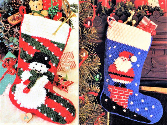 Vintage Crochet Patterns Santa and Snowman Christmas Stockings PDF Instant Digital Download Cluster Puff Stitch 15" 10 Ply