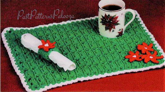 Vintage Crochet Pattern Christmas Poinsettia Placemat and Napkin Ring Holder Set PDF Instant Digital Download Holiday Table Setting 12 Ply