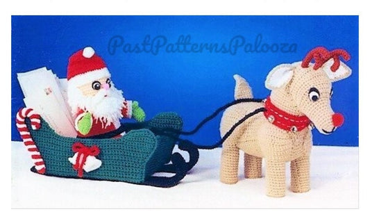 Vintage Christmas Crochet Pattern Santa Claus Sleigh and Rudolph Soft Toy Set Centerpiece Display PDF Instant Download Holiday Amigurumi