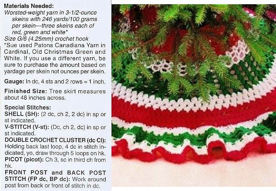 Vintage Crochet Pattern 48" Christmas Tree Skirt Red Green White Stripes PDF Instant Digital Download 10 Ply