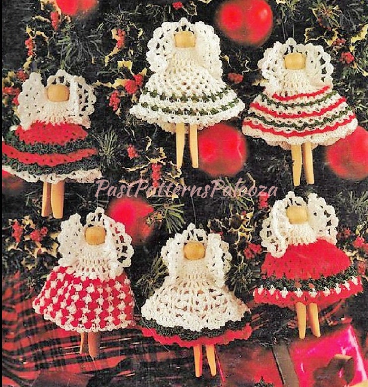 Vintage Crochet Patterns Christmas Clothespin Angel Ornaments PDF Instant Digital Download 11 Designs Cotton Thread Tree Trim or Garland