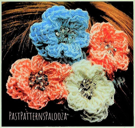 Vintage Crochet Pattern Small Beaded Flowers Hair Pin Ornaments or Applique Motifs PDF Instant Digital Download Single Blooms Cotton Thread