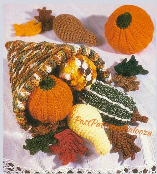 Vintage Crochet Pattern 11" Thanksgiving Cornucopia Pumpkin Squash Gourd Autumn Leaves Amigurumi PDF Instant Digital Download Fall Harvest