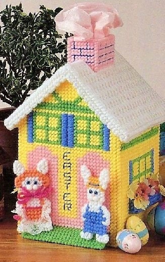 Vintage Plastic Canvas Pattern Easter Bunny House Tissue Box Cover Tissue Topper PDF Instant Digital Download 7 Count