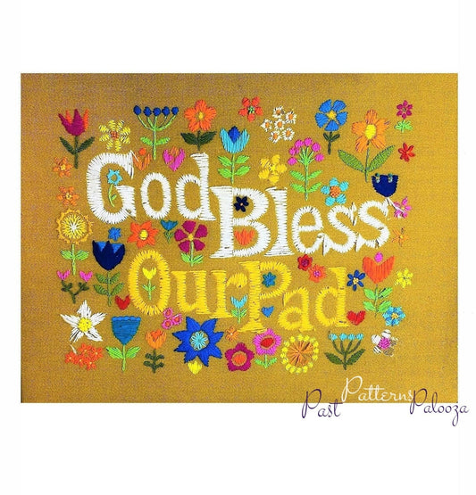 Vintage Crewel Embroidery Pattern God Bless Our Pad Printable PDF Instant Digital Download Retro Groovy Flower Power Hippie Chic Stitchery