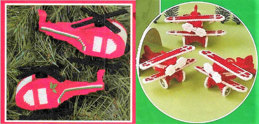 Vintage Plastic Canvas Pattern Christmas Helicopter Airplane Ornaments PDF Instant Digital Download Mini Vehicles Hanging Tree Ornaments