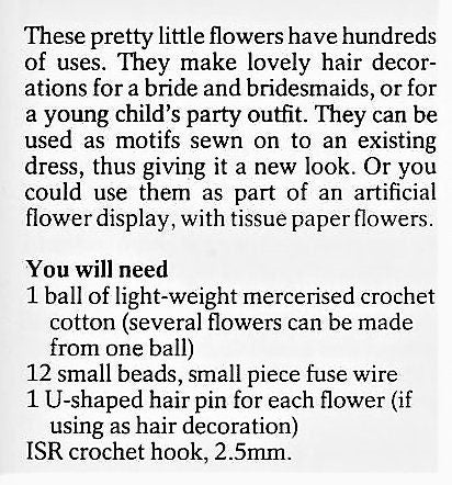 Vintage Crochet Pattern Small Beaded Flowers Hair Pin Ornaments or Applique Motifs PDF Instant Digital Download Single Blooms Cotton Thread
