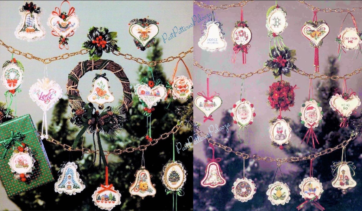Vintage Cross Stitch Patterns Mini Framed Christmas Ornaments PDF Instant Digital Download Bell Heart Oval Circle Shapes 28 Designs
