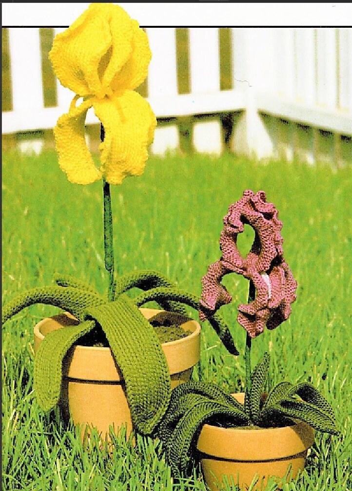 Vintage Crochet Pattern Pretty Iris Flowers Potted Plants PDF Instant Digital Download Artificial Flowers Irises 2 Sizes 4 Ply