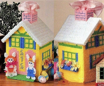 Vintage Plastic Canvas Pattern Easter Bunny House Tissue Box Cover Tissue Topper PDF Instant Digital Download 7 Count