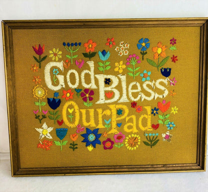 Vintage Crewel Embroidery Pattern God Bless Our Pad Printable PDF Instant Digital Download Retro Groovy Flower Power Hippie Chic Stitchery