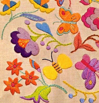 PDF Vintage 1970s Crewel Embroidery Pattern Bright Jacobean Floral Bees Butterflies Flowers Motifs Stitchery Instant Download