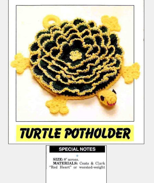 Vintage Crochet Pattern 8" Fun Lacy Flower Turtle Potholder PDF Instant Digital Download Crocheted Tortoise Pot Holder 10 Ply