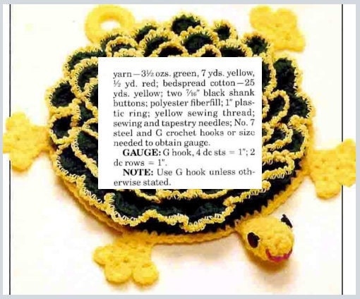 Vintage Crochet Pattern 8" Fun Lacy Flower Turtle Potholder PDF Instant Digital Download Crocheted Tortoise Pot Holder 10 Ply