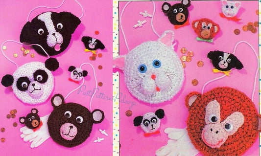 Vintage Crochet Patterns Cute Animal Toy Purses with Matching Pins PDF Instant Digital Download Panda Bear Dog Cat Monkey 4 Ply