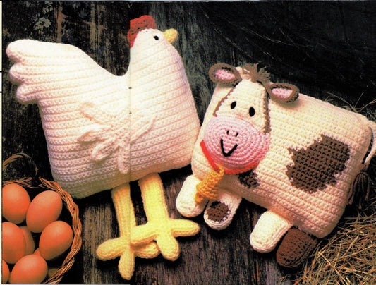 Vintage Crochet Pattern 9" Country Barnyard Animal Pillows Chicken Cow Cushion PDF Instant Digital Download Hen Farmhouse Chic 4 Ply