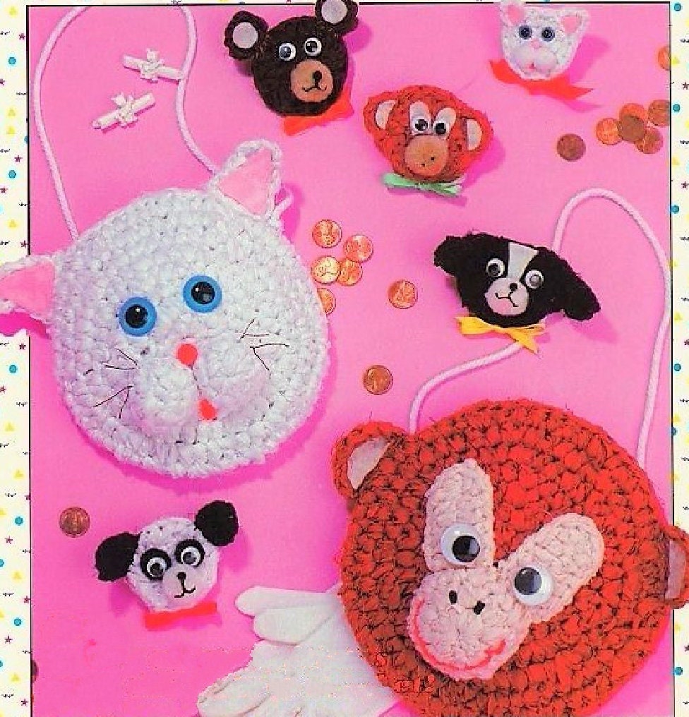 Vintage Crochet Patterns Cute Animal Toy Purses with Matching Pins PDF Instant Digital Download Panda Bear Dog Cat Monkey 4 Ply