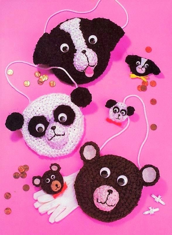 Vintage Crochet Patterns Cute Animal Toy Purses with Matching Pins PDF Instant Digital Download Panda Bear Dog Cat Monkey 4 Ply