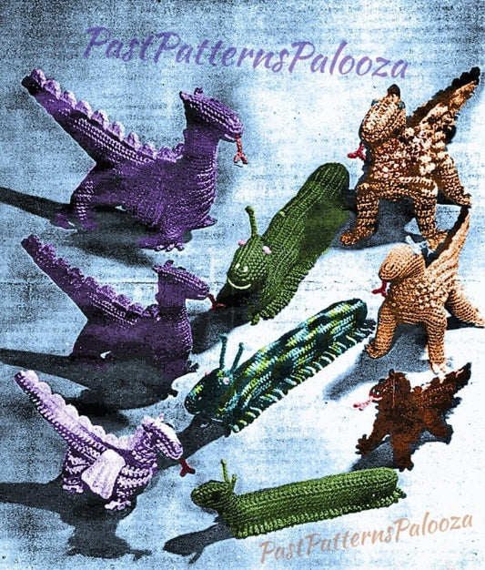 Vintage Crochet Pattern Large 12-27" Dragons Centipedes Iguanas Amigurumi Toys 3 Sizes PDF Instant Digital Download 10 Ply