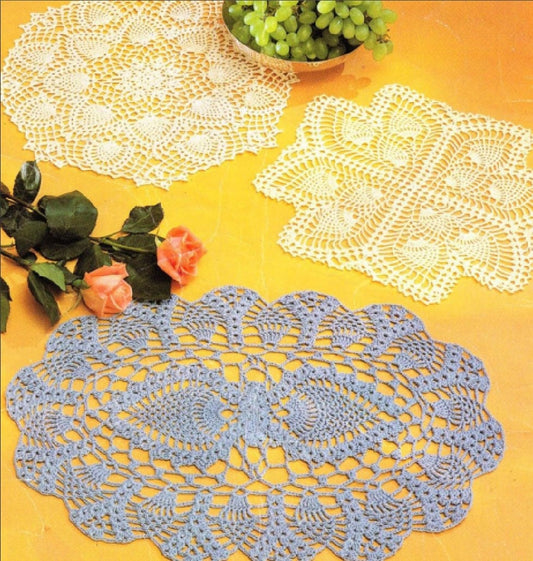 Vintage Crochet Pattern 3 Pretty Pineapple Lace Doilies PDF Instant Digital Download Dresser Table Decor Shells Oval Placemat