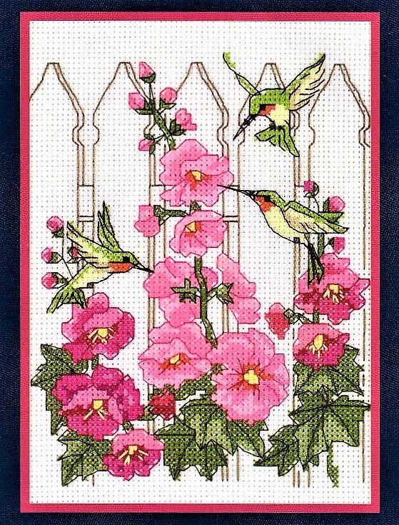 Vintage Cross Stitch Pattern Hummingbirds & Hollyhocks PDF Instant Digital Download Birds Flower Garden Embroidery 5 x 7