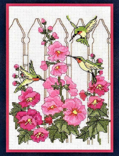 Vintage Cross Stitch Pattern Hummingbirds & Hollyhocks PDF Instant Digital Download Birds Flower Garden Embroidery 5 x 7