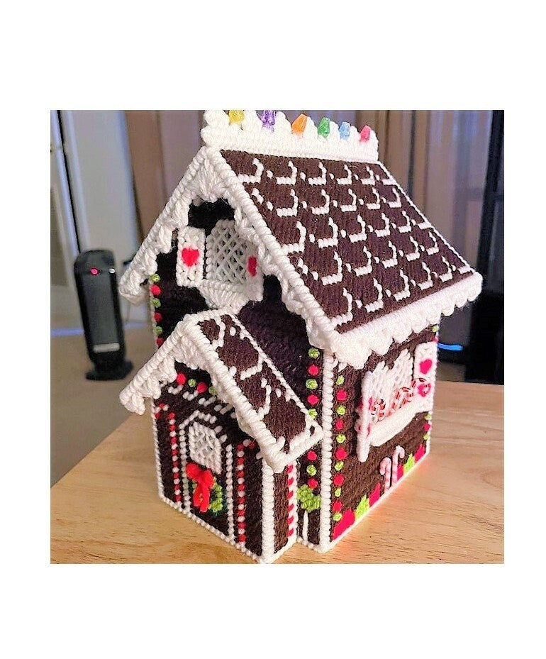 Vintage Plastic Canvas Pattern Snowy Gingerbread House Tissue Box Cover Christmas Tissue Topper PDF Instant Digital Download 7 Count