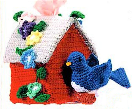 Vintage Crochet Pattern Bluebird Birdhouse Tissue Box Cover Topper PDF Instant Digital Download Springtime Bird Flowers 4 Ply