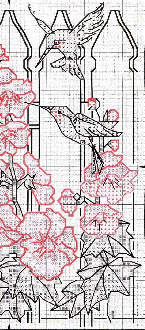 Vintage Cross Stitch Pattern Hummingbirds & Hollyhocks PDF Instant Digital Download Birds Flower Garden Embroidery 5 x 7