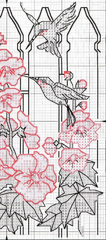 Vintage Cross Stitch Pattern Hummingbirds & Hollyhocks PDF Instant Digital Download Birds Flower Garden Embroidery 5 x 7