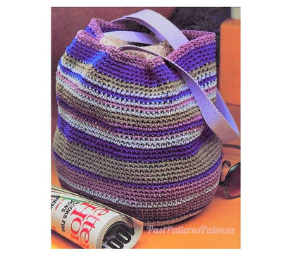Vintage Crochet Pattern 16" Large Striped Shopping Tote Round Cotton Bag PDF Instant Digital Download 10 Ply