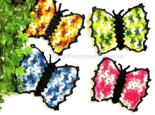 Vintage Crochet Pattern 8" Butterfly Potholders PDF Instant Digital Download Quick Easy Butterflies Pot Holders 10 Ply Variegated