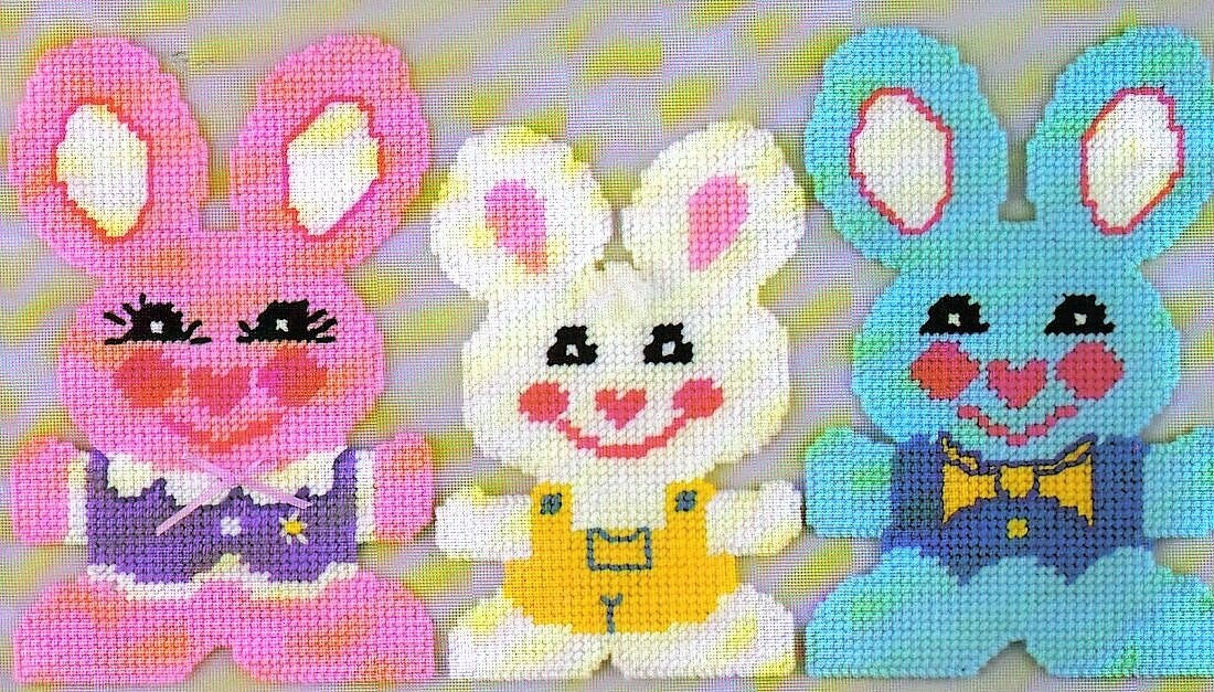 Vintage Plastic Canvas Pattern Cute Easter Bunny Family Wall Hanging PDF Instant Digital Download 10x16