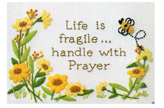 Vintage Crewel Embroidery Pattern Life Is Fragile Handle With Prayer Bumblebee Yellow Flowers Design PDF Instant Download Mini Stitchery 5x7