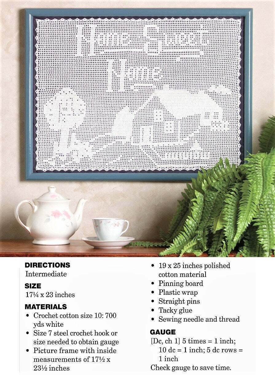 Vintage Filet Crochet Pattern Home Sweet Home Wall Hanging Picture PDF Instant Digital Download White Crochet Cotton New Home Gift 17x23