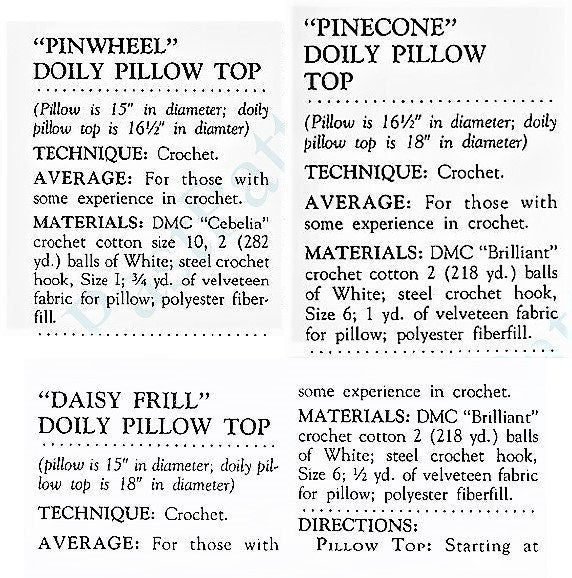 Vintage Thread Crochet Pattern 16" Round Doily Pillow Top Covers PDF Instant Digital Download 3 Lacy Designs Pinwheel Pinecone Daisy Flower