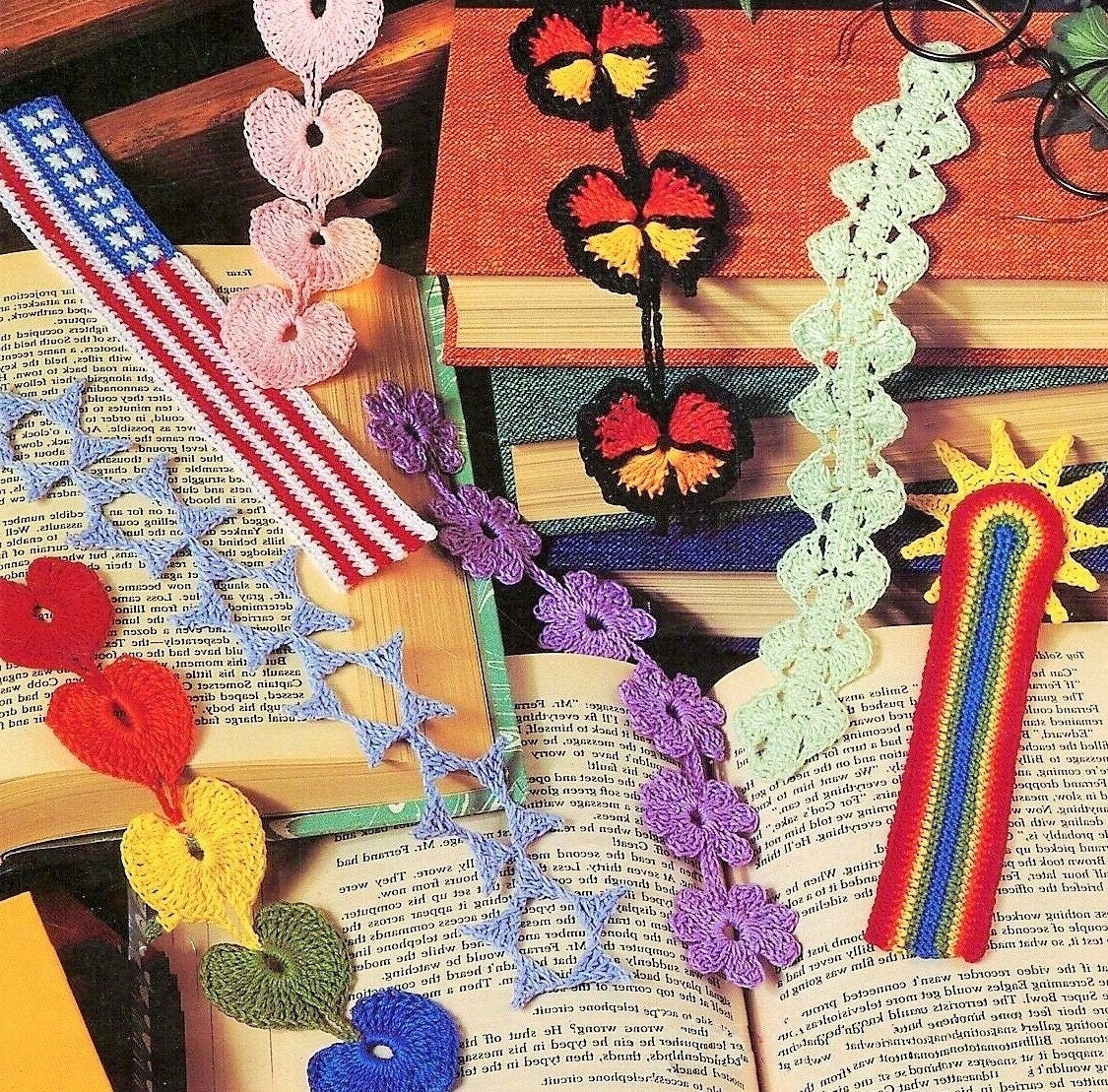 Vintage Thread Crochet Pattern Fun Pretty Bookmarks In 8 Designs PDF Instant Digital Download Hearts Flower Rainbow Butterfly Flag Stars