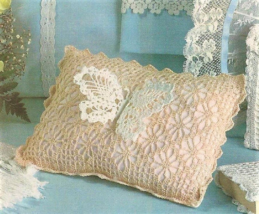 Vintage Thread Crochet Pattern Lace Pineapple Butterfly Pillow PDF Instant Digital Download 8x10 Lacy Ecru Cushion