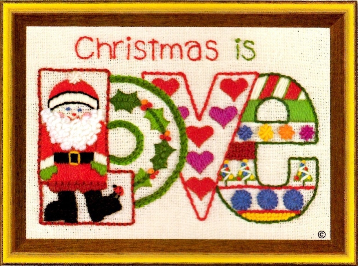 Vintage Crewel Embroidery Christmas Is Love Pattern Retro 1970s Design PDF Instant Download Mini Stitchery Holiday Motif Sampler 5x7