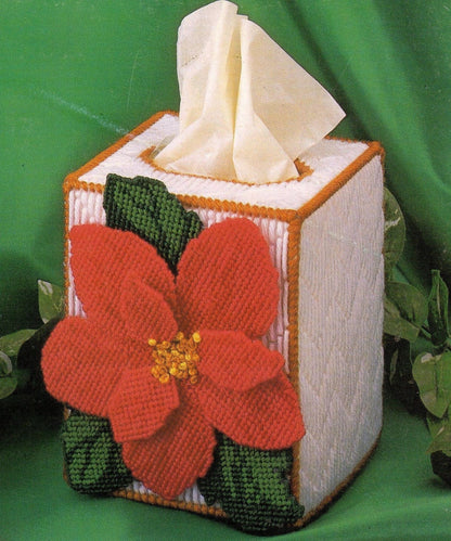 Vintage Plastic Canvas Christmas Tissue Box Cover Pattern Poinsettia Flower Holiday Tissue Topper PDF Instant Digital Download